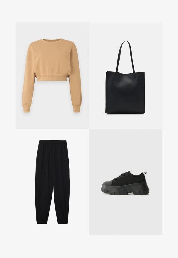 Izgriezta sporta krekls gaiši brūnā krāsā, izgatavots no mīksta auduma. Tam ir garas piedurknes, noapaļots dekoltē un diskreta elastība pie aprocēm un apakšmalas.; Melnas, vieglas bikses ar elastīgu jostu un savilktiem potītiem. Audums ir gluds un to raksturo brīva, sašaurināta forma.; Melnas kedas ar masīvu gumijas zoli, teksturētu auduma augšdaļu, apaļu purngalu un saistīšanas dizainu. Iekļautas pastiprinātas acs atveres un aizmugurējais cilpiņas siksniņa.; Melnas ādas somiņa ar gludu tekstūru, taisnstūra formu un divām garām rokturiem. Nav redzamu aparatūras vai rotājumu.