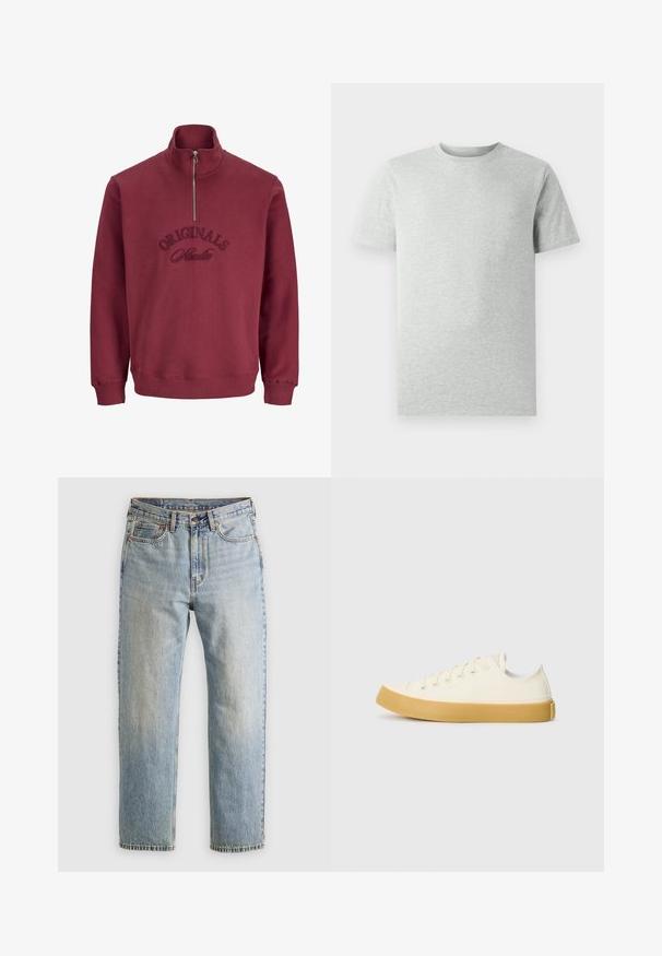 Burgundy zip-up sweatshirt featuring a high collar, ribbed cuffs, and embroidered "Originals Studio" text on the front. Soft, textured fabric.; Plain light gray short-sleeve crew neck T-shirt displayed on a white background, front view with no visible logos or designs.; Light blue denim jeans with high waist, front button, zipper, and five-pocket design, laid flat on a neutral background.; Canvas sneakers in off-white with a round toe, featuring beige rubber soles and five eyelets for laces, textured finish on the upper.