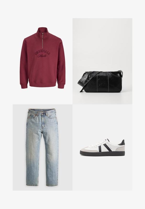 Bordeaux ritsweater met een hoge kraag, geribde manchetten en geborduurde tekst "Originals Studio" op de voorkant. Zachte, gestructureerde stof.; Lichtblauwe denim jeans met hoge taille, frontknop, rits en vijfzakkenontwerp, plat gelegd op een neutrale achtergrond.; Witte sneaker met zwarte en grijze accenten, voorzien van een grijze neus met textuur, zwarte rubberen zool en platte witte veters. Schoon ontwerp, minimalistische stijl.; Zwarte leren schoudertas met een ritsluiting, voorzien van een gestructureerd lichaam, witte stiksels en een band met zilveren oogjes.