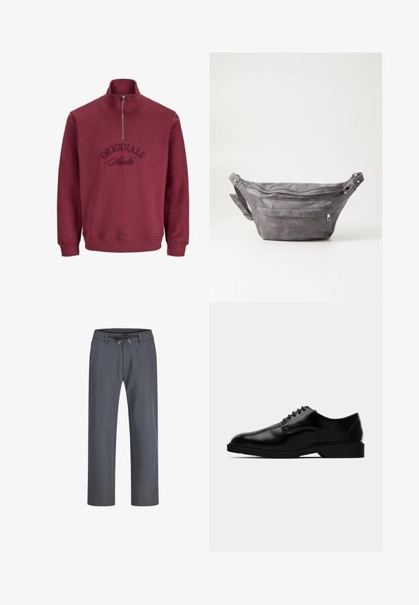 Burgunderfarbene Zip-Hoodie mit hohem Kragen, gerippten Bündchen und gesticktem "Originals Studio"-Text auf der Vorderseite. Weiches, strukturiertes Material.; Grau, elastische Bundhose mit Kordelzug. Gerades Bein Design, aus glattem Stoff gefertigt, mit minimaler Naht und ohne sichtbare Hardware.; Schwarze Lederdressschuhe mit glatter Oberfläche, rundem Zehenbereich, schnürbarem Design und unauffälliger Gummisohle für besseren Halt.; Graue Wildleder-Gürteltasche mit runder Form, zwei mit Reißverschluss verschlossenen Fächern und verstellbarem Trageriemen. Mit metallischen Hardware-Akzenten.