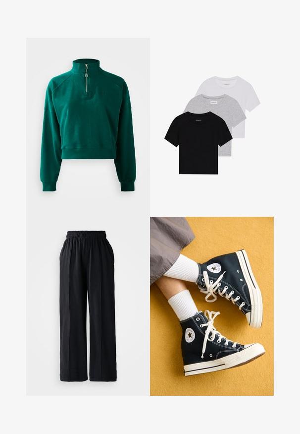 Felpa cropped in verde scuro, caratterizzata da un colletto a mezza zip, polsini a coste e una texture morbida. Logo ricamato sul petto.; Set di tre t-shirt a maniche corte in nero, grigio e bianco. Realizzate in cotone, presentano un collo a giro e un design semplice in un colore solido.; Pantaloni neri a gamba larga con una linea in vita elastica, realizzati in un tessuto morbido, caratterizzati da una texture liscia e linee di design pulite.; Sneakers alte nere in tela con lacci bianchi e suole in gomma, caratterizzati da un logo rotondo Converse All Star sul lato esterno.