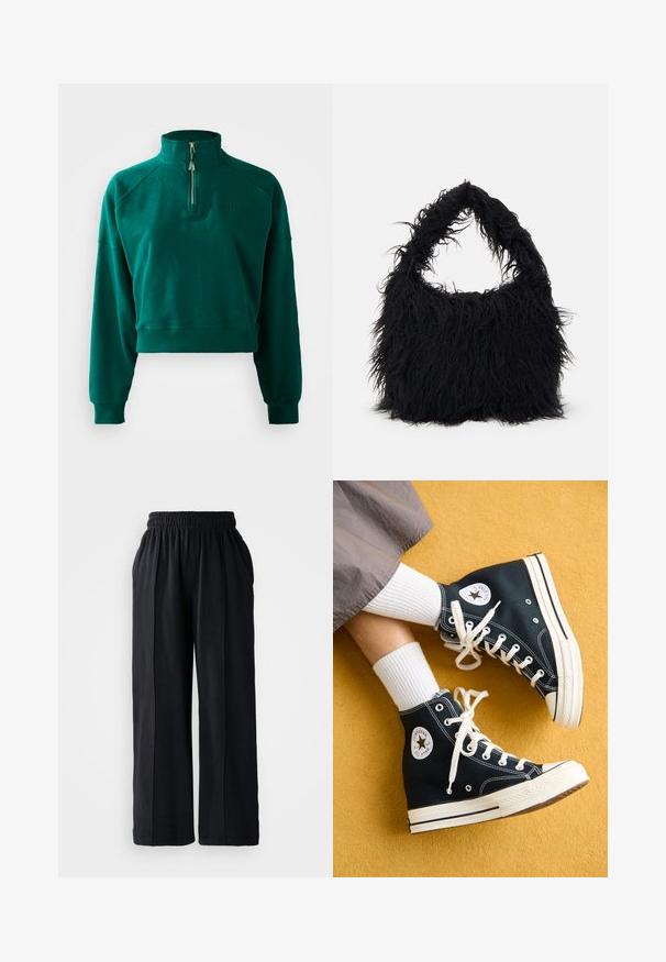 Crop sweatshirt in dark green, featuring a half-zip collar, ribbed cuffs, and a soft texture. Embroidered logo on the chest.; Black wide-leg pants with an elastic waistband, made from soft fabric, featuring a smooth texture and clean design lines.; Black high-top canvas sneakers with white laces and rubber soles, featuring a round Converse All Star logo on the outer side.; Even&Odd Tote bag - black