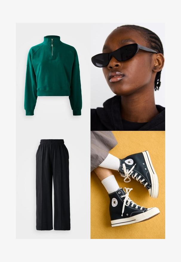 Tumsē zaļš īss krekls ar pus-izjaukšanas apkakli, ribotām piedurknēm un mīkstu tekstūru. Izšūts logo uz krūtīm.; Melnas platās bikses ar elastīgu jostu, izgatavotas no mīksta auduma, ar gludu faktūru un skaidrām dizaina līnijām.; Melnas augstpēdu kanvas sporta kedas ar baltām auklām un gumijas zolemi, ar apaļu Converse All Star logo ārējā pusē.; Melnas kaķa acs saulesbrilles ar matētu apdari, kas izceļas ar elegantu dizainu un maigi izliektiem stūriem, fona attēlā ir modelis ar tumšām drēbēm.; Sudraba riņķveida auss gredzeni ar gludu, pulētu apdari. Apaļa forma un drošs klikšķa augšējais slēgums. Viegls dizains, kas piemērots ikdienas valkāšanai.