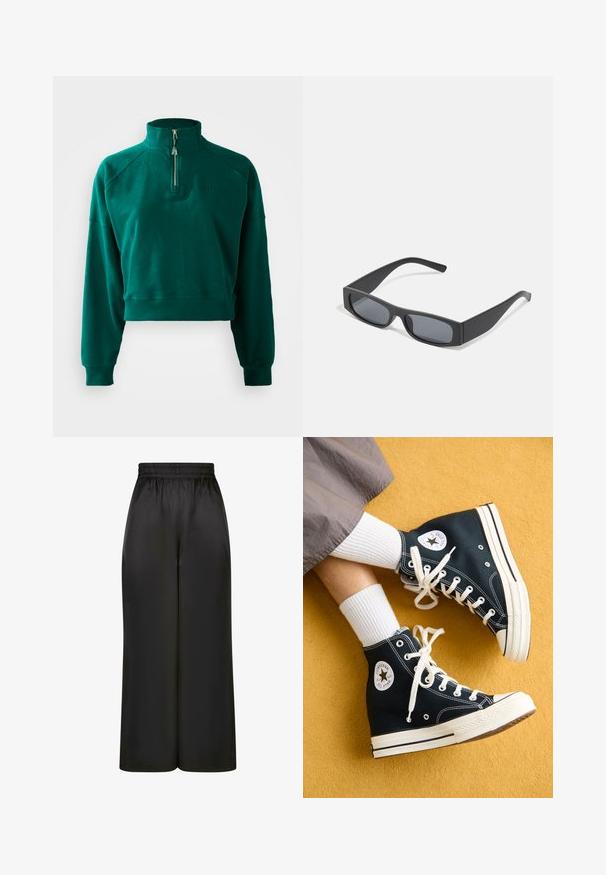 Sötétzöld, crop fazonú pulóver, félig cipzáros gallérral, bordázott mandzsettákkal és puha tapintással. Hímzett logóval a mellkasán.; Fekete, bő szárú nadrág, sima, fényes anyagból, rugalmas derékrésszel, látható zsebek vagy fém részletek nélkül.; Fekete magas szárú vászon sportcipő, fehér fűzőkkel és gumitalppal, a külső oldalán egy kerek Converse All Star logóval.; Fekete téglalap alakú napszemüveg sötét lencsékkel és vastag, matt kerettel. A szárak enyhén elkeskenyednek, sima felületűek.