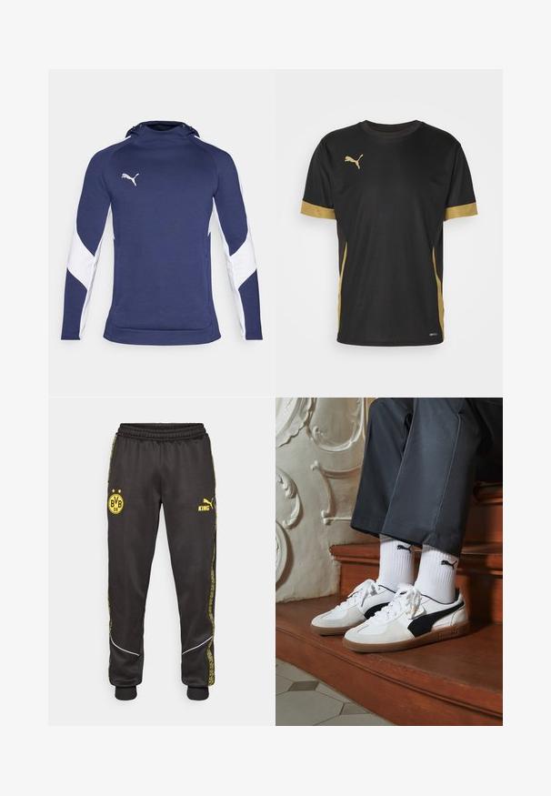 Marineblå atletisk hættetrøje med hvide sidelæg, udstyret med høj krave og snoretræk. Logo i hvid på venstre brystområde.; Sort sports T-shirt med gyldne detaljer på ærmerne og siden. Den har rund hals, korte ærmer og svedtransporterende DRYCELL-stof.; Sorte træningsbukser med gule Borussia Dortmund BVB 09 og Puma King logoer, elastisk talje, og mønstrede gule side-striber.; Puma sneakers i hvid og sort ruskind med en brun gummisål. Bæres med hvide sokker med et sort logo og mørke bukser.