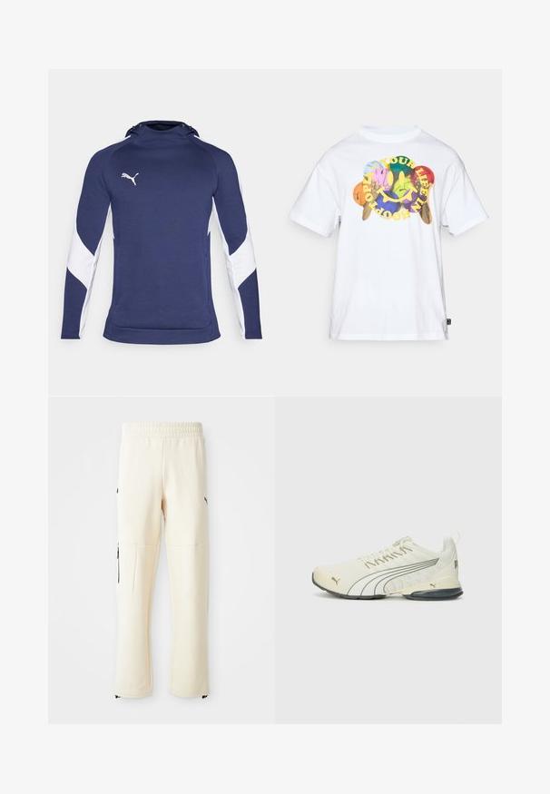 Haut de sport bleu marine avec panneaux latéraux blancs, doté d'un col montant et d'un cordon de serrage. Logo blanc sur la partie gauche de la poitrine.; T-shirt en coton blanc avec un design coloré de smiley et le texte "VOTRE VIE EN HOOPLA" en jaune. Coupe boxy ; col rond.; Pantalons de survêtement beige clair en tissu doux. Présentent un logo noir, des poches latérales avec fermeture éclair et une coupe décontractée.; Baskets pour hommes, couleur crème clair, tige en maille avec accents gris, lacets, semelle rembourrée, logo Puma sur le côté et à l'arrière.