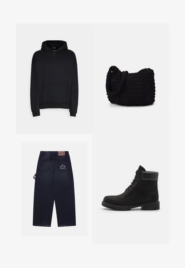 Felpa nera realizzata in tessuto misto cotone. Caratterizzata da una ampia tasca frontale, polsini a coste e cappuccio con lacci. Texture liscia.; Pantaloni in denim scuro con vestibilità ampia. Presentano due tasche sul retro, un'etichetta in pelle con il logo e un design a cinque stelle su una tasca.; Stivale alla caviglia nero con lacci, colletto imbottito e suola robusta, mostrato in profilo su uno sfondo bianco.; Borsa in tessuto nero con un motivo trapuntato e texture. Forma arrotondata, manici corti e spessi, e una struttura morbida e flessibile.