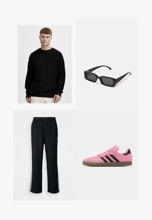 Schwarzer Langarm-Sweatshirt aus weichem, strukturiertem Stoff. Mit einem Rundhalsausschnitt und kontrastierenden schwarzen Rippbündchen an den Ärmeln und dem Saum.; Weißes kurzärmeliges T-Shirt aus weicher Baumwolle, mit rundem Ausschnitt und lockerer Passform sowie geradem Saum. Keine Muster oder Akzente sichtbar.; Schwarze Sporthosen mit elastischem Bund, ausgestattet mit weißen Seitenstreifen und einem kleinen Logo. Das Material wirkt weich und leicht.; Rosa Sportschuhe mit schwarzen Streifen und Akzenten. Sie verfügen über ein strukturiertes Obermaterial, eine runde Zehenpartie und eine Gummisohle. Schnürsystem mit gepolstertem Zungenbereich.; Schwarze rechteckige Sonnenbrille mit dunklen Gläsern, glänzender Oberfläche, breiten Bügeln und einem klobigen Rahmen-Design. Gravierter Markenname auf einem Bügel.