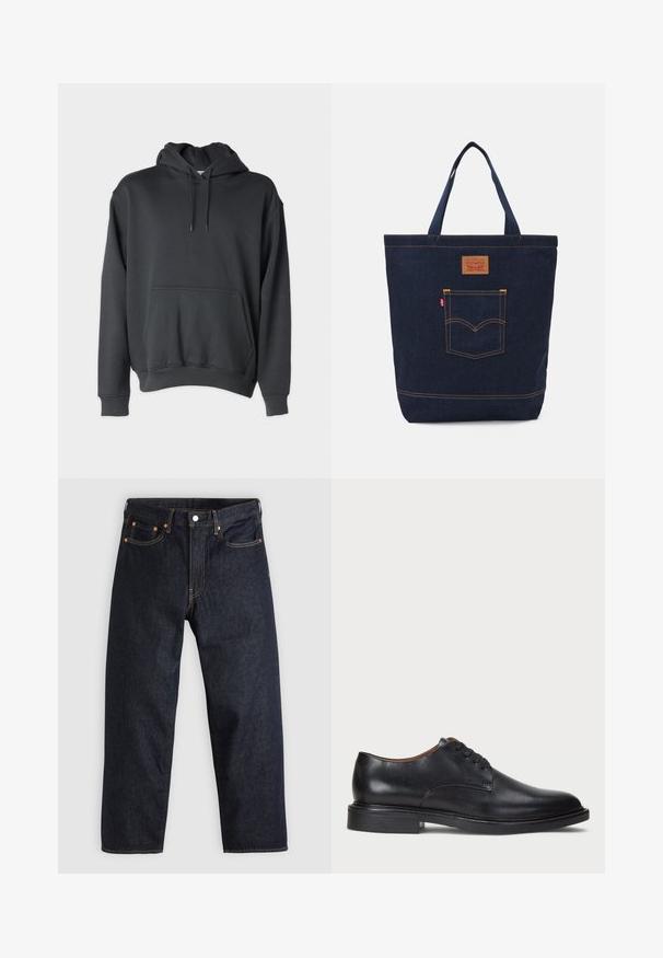 Dark gray hoodie made of soft fabric, featuring a front pocket, drawstrings at the hood, and ribbed cuffs and hem.; White cotton t-shirt with short sleeves, crew neck, and subtle Levi's logo printed in the center. Soft texture and standard fit.; Dark blue denim jeans with a straight cut, five pockets, contrasting orange stitching, and a button fly. No visible patterns or embellishments.; Black leather dress shoe with a round toe, lace-up design, and a low stacked heel. Smooth texture with minimal stitching details.; Denim tote bag in dark blue with two handles, visible stitching, and a front pocket featuring a classic logo patch.