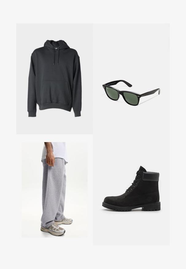 Dunkelgrauer Hoodie aus weichem Stoff, mit einer vorderen Tasche, Kordeln an der Kapuze und gerippten Bündchen und Saum.; Weißes Baumwoll-T-Shirt mit kurzen Ärmeln, rundem Ausschnitt und geradem Schnitt. Glatte Textur ohne sichtbare Muster oder Akzente.; Graue Jogginghosen aus weichem Stoff, mit lockerer Passform und elastischem Bund. Kombiniert mit beigefarbenen und grauen Sport-Schuhen.; Schwarze geschnürte Knöchelboots mit gepolstertem Kragen und robustem Profil, im Profil vor einem weißen Hintergrund dargestellt.; Schwarze Plastiksonnenbrille mit grünen Gläsern, quadratischen Rahmen, silbernem Akzent auf der Augenbraue und strukturierten Bügeln. Angegebene Marke auf dem inneren Bügel.