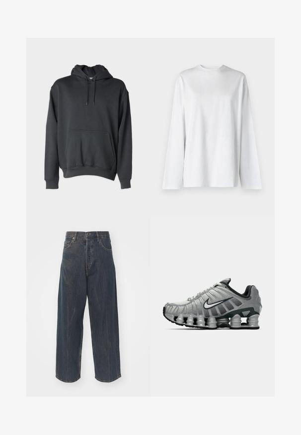 Mørkegrå hettegenser laget av myk stoff, med en frontlomme, snorer i hetten, og ribbestrikkede ermer og kant.; Weekday OVERSIZED LONG SLEEVE - Topper langermet - white; Kortermet skjorte med knapper i svart og grå rutemønster. Har spiss krage og frontlukking med svarte knapper.; Bredde ben mørkeblå denimjeans med subtil slitt tekstur, fem lommer, og en klassisk knapp- og glidelås-feste i livet.; Grå og svart Nike løpesko med synlig fjærlignende demping under sålen og en hvit swoosh-logo på siden.