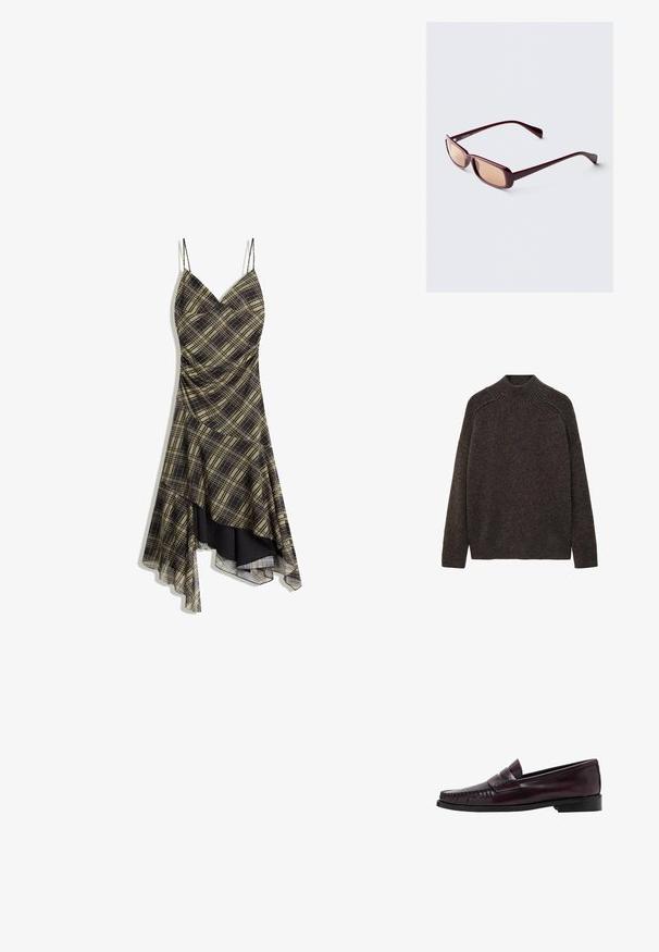 Hnědý pletený svetr s vysokým výstřihem, spadlými rameny a volným střihem. Měkká textura a žebrované detaily na výstřihu a ramenou.; Černé a žluté kostkované šaty s ramínky, V-výstřihem a asymetrickým spodním lemem, s průhledným overlay a nabíranou texturou.; Pánské tmavě hnědé kožené mokasíny s černou podrážkou a prošíváním podél špičky, zobrazené v bočním profilu.; Bordové sluneční brýle s obdélníkovými rámy, gradientovými skly a elegantními nohami. Materiál má hladký, lesklý povrch.; Hnědá kožená taška, zakřivený tvar, jedno ucho, zipové uzavření, texturovaný povrch s mírným leskem. Kompaktní a minimalistický design.
