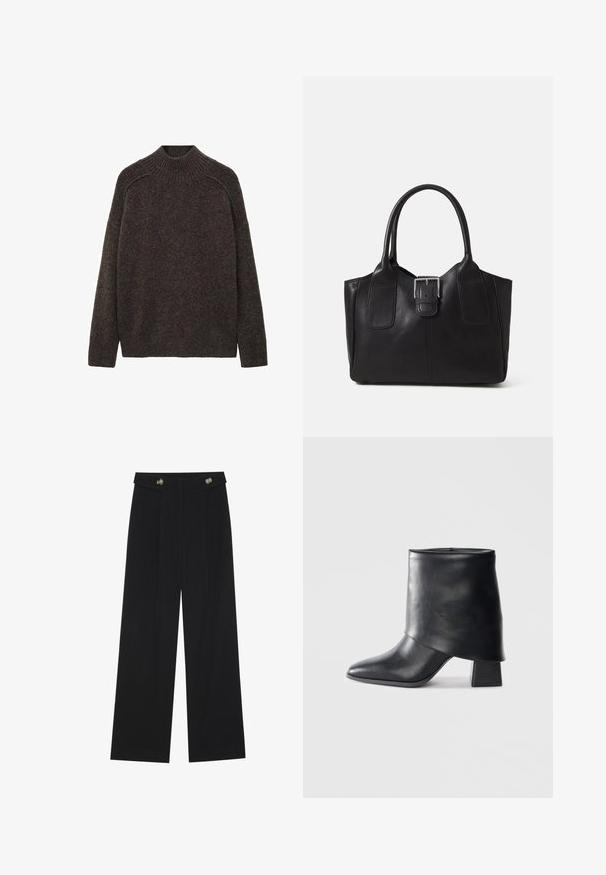 Pulover tricotat, maro, cu guler înalt, umeri lăsați și croială lejeră. Textură moale și detalii striate la guler și umeri.; Pantaloni negri cu picioare largi, talie înaltă, detalii cu butoane pe talie și pliseuri în față.; Botine din piele neagră cu vârf ascuțit, textură netedă și toc bloc structurat. Prezintă un design cu manșetă înaltă și pliată.; Geantă tote din piele neagră cu textură netedă, formă structurată, două mânere și un detaliu proeminent din aliaj de argint pe partea din față.