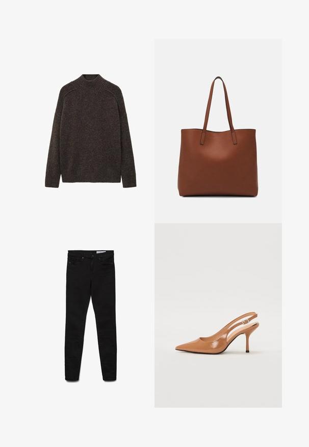Pulover tricotat, maro, cu guler înalt, umeri lăsați și croială lejeră. Textură moale și detalii striate la guler și umeri.; Blugi skinny negri din țesătură denim, cu un design clasic cu cinci buzunare, fermoar și detalii subtile de cusături.; Pantofii cu toc slingback, cu vârful ascuțit, dintr-un material tan neted și strălucitor. Prezintă un design cu decupaj curbat și un toc subțire stil stiletto. Detaliu cu cataramă argintie.; Geantă de umăr din piele maro cu o textură netedă, design cu vârf deschis și două curele pentru umăr. Prezintă cusături minime și fără componente metalice vizibile.