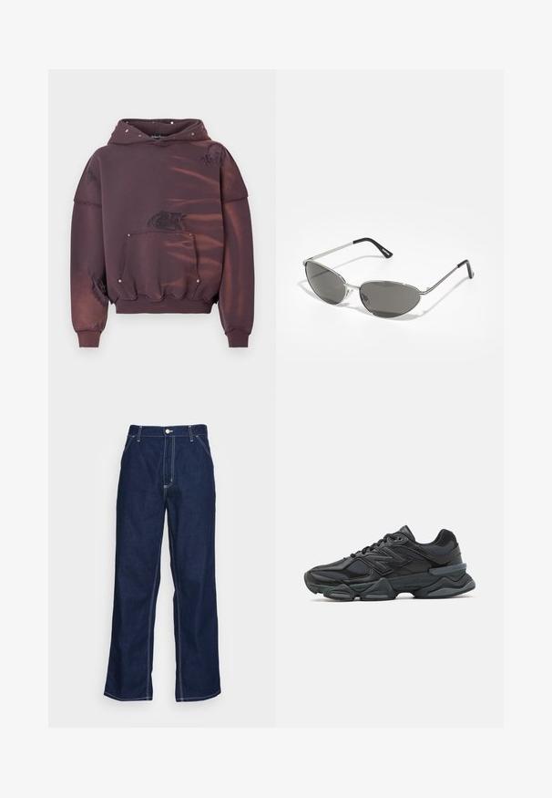 Μωβ φούτερ με κουκούλα, με φθορές, μπροστινή τσέπη και ασημένιες τρουκς. Μαλακό ύφασμα με ριμπ μανσέτες και τελείωμα.; Σκούρο μπλε τζιν παντελόνι με φαρδιές γάμπες, που διαθέτει ψηλή μέση, μπροστινές τσέπες και αντίθεση λευκή ραφή κατά μήκος των ραφών.; Μαύρο αθλητικό παπούτσι με συνδυασμό πλέγματος και συνθετικών υλικών, χοντρή σόλα, καμπυλωτό σχέδιο και έντονη επωνυμία στο πλάι.; Γυαλιά ηλίου με κομψό, ασημένιο μεταλλικό σκελετό, γκρι φακούς και αεροδυναμικό σχέδιο με αιχμηρές άκρες και λεπτούς βραχίονες.