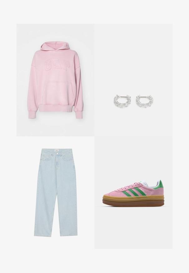 GAP HOOD - Sweatshirt - sunrise pink; Light blue wide-leg jeans made of denim, featuring a mid-rise waist, five pockets, and a button closure with a slim metal accent.; Pink suede sneakers with green stripes, white accents, and a brown rubber sole. Features textured fabric and logo detailing on the side.; Silver hoop earrings featuring clear, rectangular and triangular crystals arranged in a patterned design. Posts for secure fastening.