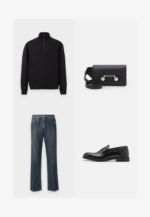 Suéter negro de manga larga con cuello alto y pequeña cremallera, puños y dobladillo acanalados, exhibido sobre un fondo claro y sencillo.; Vaqueros de mezclilla de pierna recta en azul oscuro con botón frontal, cremallera, dobles bolsillos frontales y pliegues verticales visibles a lo largo de las piernas.; Mocasines de cuero negro con una textura suave, puntera redondeada y una tira decorativa en el empeine. Tacón bajo apilado, diseño minimalista.; Bolso cruzado de cuero negro con cierre de solapa, herrajes en tono plata y dos acentos redondos. Cuenta con una correa desmontable. Textura suave.