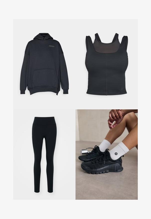 Felpa con cappuccio grigio scuro, tasca a marsupio, vestibilità oversize, polsini a coste e un piccolo logo stampato sul petto.; Bra sportivo nero con design aderente, spalline larghe e sovrapposizione in rete sul davanti. Texture liscia e cuciture minime. Logo Nike sulla parte inferiore.; Leggings neri realizzati in materiale elastico con una vita alta. Texture liscia, design aderente e senza decorazioni o motivi visibili.; Scarpe da ginnastica nere con tessuto texturizzato, design con lacci e suola prominente, abbinate a calze bianche a coste con un piccolo logo.