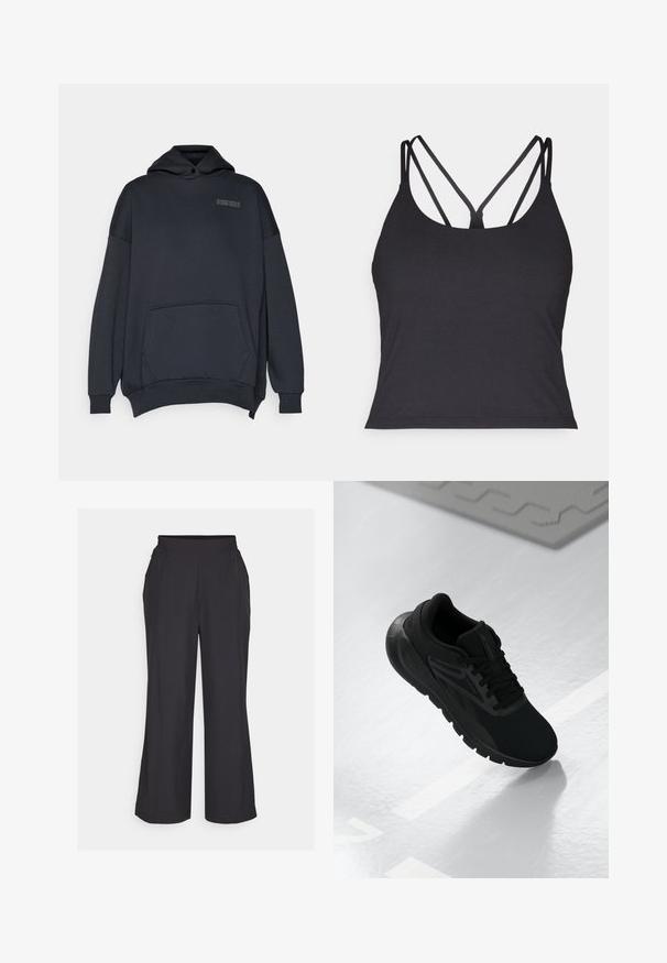 Dark gray hooded sweatshirt with a kangaroo pocket, oversized fit, ribbed cuffs, and a small logo printed on the chest.; Black tank top featuring thin straps with a crisscross design at the back. Made from soft, stretchy material with a fitted silhouette.; Black wide-leg pants with an elastic waistband, two side pockets, and a smooth, lightweight texture. Simple design, no visible patterns.; Black athletic shoe featuring a mesh upper, round toe, cushioned sole, and textured accents, positioned on a smooth white surface.