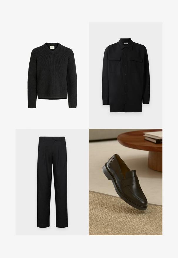 Mustmust mustre ja V-kaelusega, soonikkoes, pikkade varrukatega ja sirge alläärega. Valmistatud pehmest, paksust materjalist.; Mustmust värvi nööpidega särk, mis on valmistatud sujuvast kangast, klassikalise kraega, kahe eesmise tasku ja pikkade varrukatega, millel on nööpidega mansetid.; Mustad mustadest riietest, millel on sirge jalgade disain, kaks eesmist voltimist ja tavaline vöökoht, millel on vöökohad.; Must musta nahk loafer sileda viimistlusega, ümarate varvastega ja dekoratiivse riba üleval. Madal kummist konts, paigutatud tekstuursele pinnale.