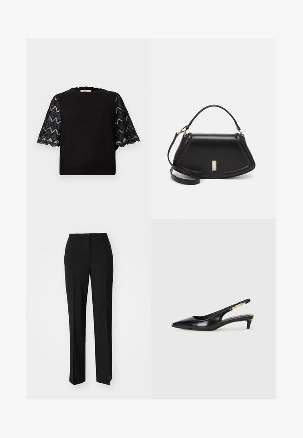 Black short-sleeve top featuring lace sleeves with geometric patterns, scalloped neckline, and ribbed hem. Smooth fabric texture overall.; Black tailored trousers with a straight-leg design, featuring a smooth texture and crisp creases along the front. No visible hardware.; Black leather slingback heels with a pointed toe, featuring a slim heel and a gold-tone accent on the adjustable strap. Smooth texture.; Black leather handbag with a structured design, featuring a cropped shape, top handle, and gold hardware accent. Adjustable shoulder strap included.
