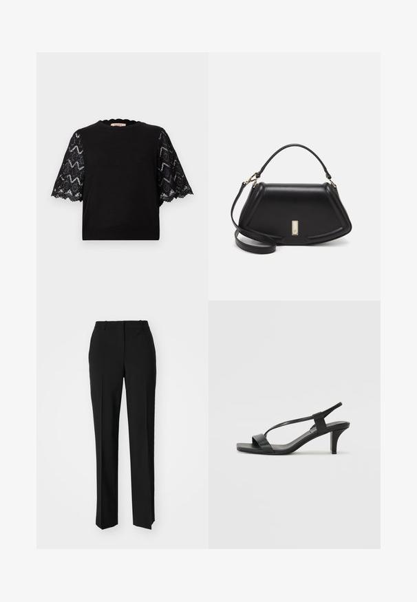 Black short-sleeve top featuring lace sleeves with geometric patterns, scalloped neckline, and ribbed hem. Smooth fabric texture overall.; Black tailored trousers with a straight-leg design, featuring a smooth texture and crisp creases along the front. No visible hardware.; Black heeled sandals with a slender strap design, square toe, and a mid-height block heel. Made from smooth leather with a matte finish.; Black leather handbag with a structured design, featuring a cropped shape, top handle, and gold hardware accent. Adjustable shoulder strap included.