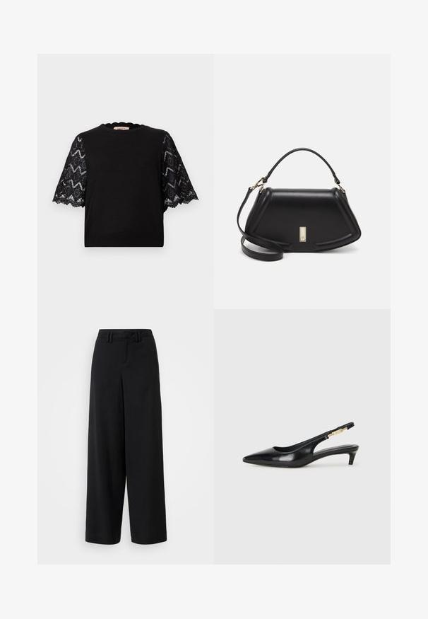 Schwarzes kurzärmliges Oberteil mit Spitzeneinsätzen in geometrischen Mustern, gewelltem Ausschnitt und geripptem Saum. Glatte Stoffstruktur insgesamt.; Schwarze weite Hosen aus glattem Stoff, mit einem flachen Frontdesign, gefältelten Details und Gürtelschlaufen am Bündchen.; Schwarze Leder-Slingback-Pumps mit spitzem Schuhblatt, ausgestattet mit einem schlanken Absatz und einem goldfarbigen Akzent am verstellbaren Riemen. Glatte Textur.; Schwarze Lederhandtasche mit einem strukturierten Design, das eine verkürzte Form, einen oberen Griff und goldfarbene Hardware-Details aufweist. Verstellbarer Schulterriemen ist enthalten.