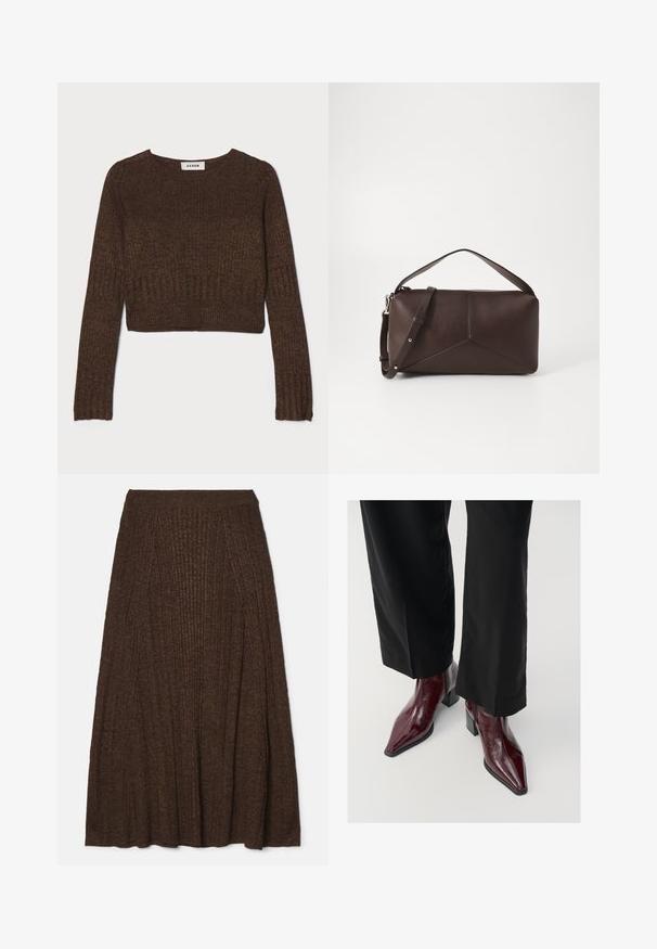 Ruda banguota trumpa megztinė su apvaliomis iškirptėmis ir ilgomis rankovėmis. Pagaminta iš tekstūruoto megztinio audinio. Etiketėje parašyta "AERON."; Ruda juosta midi sijonas su tekstūriniu paviršiumi, turintis prigludusią juosmenį ir klostuotą dizainą, suteikiantį apimties ir judėjimo laisvės.; Burgundių spalvos patentinės odos aulinukai su smailiu nosiu, stambiu kulnu ir tekstūruotu paviršiumi, derinami su juodomis plačiomis kelnėmis.; Ruda odinė rankinė su geometriniu raštu, turinti viršutinę rankeną ir reguliuojamą petnešą, lygaus paviršiaus ir užtrauktuko uždarymą.; Auksinės auskarai žiedai su lygiu, išlenktu dizainu. Jie turi blizgantį apdailą ir storą, apvalų kontūrą, suteikiantį ryškų įvaizdį.