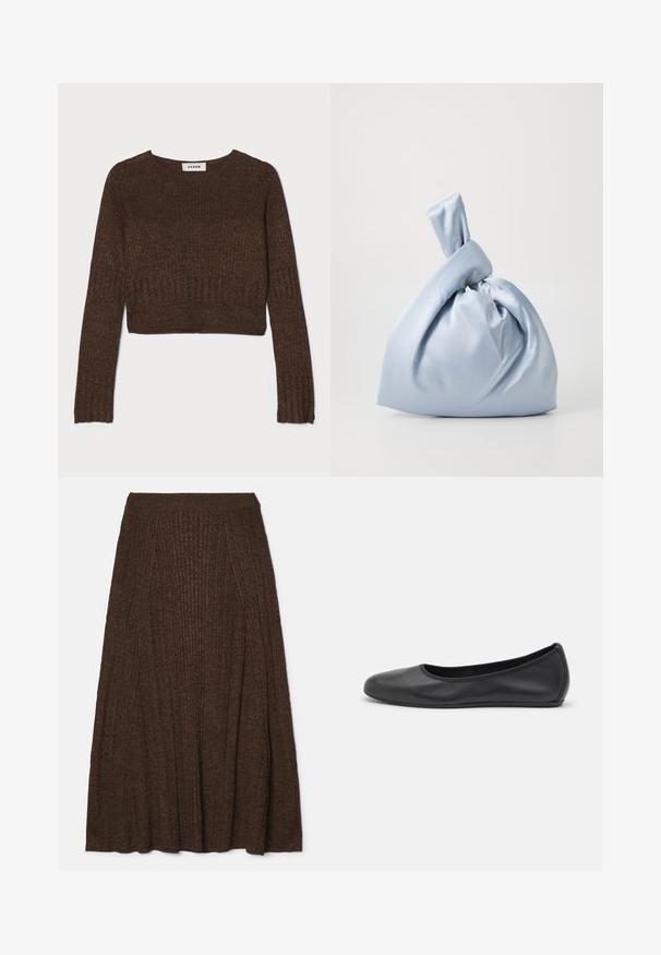Brązowy prążkowany krótki sweter z okrągłym dekoltem i długimi rękawami. Wykonany z teksturowanej dzianiny. Metka z napisem "AERON."; Brąskowa, żebrowana spódnica midi o teksturowanym wykończeniu, z dopasowanym pasem i plisowanym fasonem, który zapewnia objętość i swobodę ruchów.; Czarne skórzane baletki z zaokrąglonym noskiem, gładką fakturą, minimalnymi przeszyciami i elastycznym designem podeszwy.; Nanushka JEN jasnoniebieski