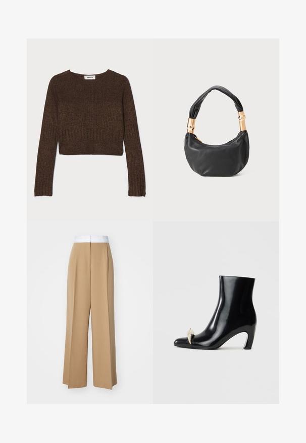 Barna bordázott rövid pulóver lekerekített nyakkivágással és hosszú ujjal. Texturált kötött anyagból készült. Címkén az "AERON" felirat olvasható.; Széles szárú nadrág világosbarna anyagból, kontrasztos fehér derékkal. Tiszta vonalakkal rendelkezik, és nincsenek rajta látható minták vagy díszítések.; Fekete bokacsizma fényes bőrből, hegyes orral és díszes arany- és ezüstszínű részlettel az elején. Tömör sarok kialakítás.; Fekete bőr kézitáska kerek formával, puha textúrával és csomózott fogantyúval, aranyszínű fém díszítéssel. Cipzáras záródás.