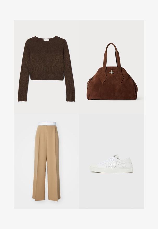 Brauner gerippter, kurzer Pullover mit rundem Ausschnitt und langen Ärmeln. Aus einem strukturierten Strickstoff gefertigt. Das Etikett trägt die Aufschrift "AERON."; Weite Hosen aus einem hellbraunen Stoff mit einem kontrastierenden weißen Bund. Sie zeichnen sich durch klare Linien und keine sichtbaren Muster oder Verzierungen aus.; Weiße low-top Sneaker mit perforiertem Design, flachen Schnürsenkeln und einer strukturierten Gummisohle. Besticht durch einen minimalistischen Stil und eine weiche Oberfläche.; Braune Wildleder-Handtasche mit strukturiertem Design, abgerundeter Form und länglichen, diamantförmigen Griffen. Mit einem silbernen Metallverschluss ausgestattet.