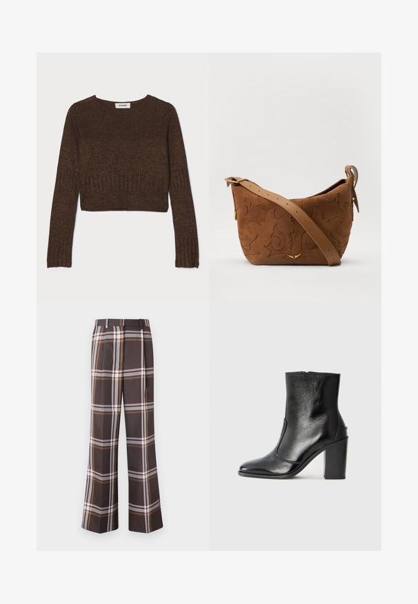 Pull raffiné brun à côtes, court, avec un col arrondi et des manches longues. Fabriqué en tissu tricoté texturé. L'étiquette indique "AERON."; Stine Goya FRONT PLEAT LONG STRAIGHT PANTS CASUAL TAILORING - Pantalon classique - dark brown; Bottine en cuir noir, avec une texture lisse, un bout pointu et un talon chunky haut. Présente une ouverture sur le côté et un design minimaliste.; Sac à épaule en suede marron avec un motif floral en relief, complété par une bandoulière en cuir marron lisse et des accents en métal doré.