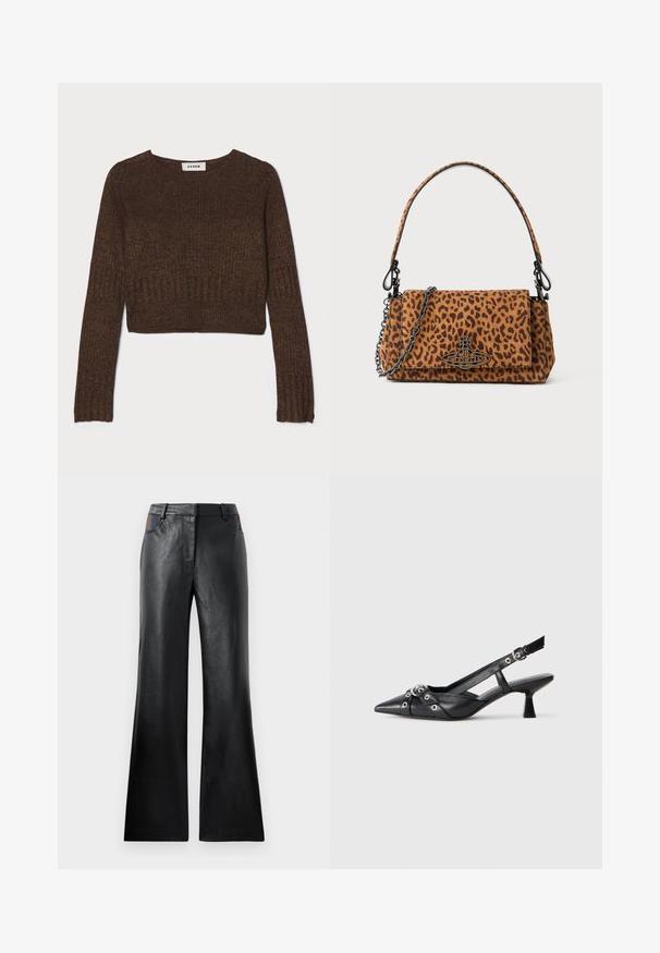 Brauner gerippter, kurzer Pullover mit rundem Ausschnitt und langen Ärmeln. Aus einem strukturierten Strickstoff gefertigt. Das Etikett trägt die Aufschrift "AERON."; Schwarze, ausgestellte Lederhosen mit glatter Textur, die zwei Vordertaschen mit schwarzen und braunen Akzenten in der Taille aufweisen.; Schwarzer Leder-Slingback-Schuh mit spitz zulaufender Zehenpartie, dekorativen Riemen mit METALLÖSEN und niedrigem Blockabsatz. Strukturelle Oberfläche.; Tasche im Leopardenmuster aus Wildleder mit kurzem Tragegriff, einer Kettenriemen und einem schwarzen Hardware-Verschluss. Rechteckige Form mit Klappenverschluss.