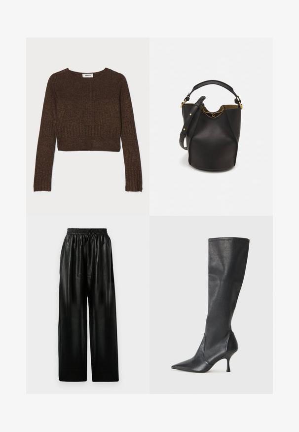 Brauner gerippter, kurzer Pullover mit rundem Ausschnitt und langen Ärmeln. Aus einem strukturierten Strickstoff gefertigt. Das Etikett trägt die Aufschrift "AERON."; Schwarze Leder-Hosen mit weitem Bein und elastischem Bund, ausgestattet mit zwei Seiten Taschen und einer glatten, glänzenden Oberfläche.; Knöchelhoche schwarze Lederstiefel mit einer spitzen Zehe und einem schlanken Stiletto-Blockabsatz. Glatte Textur mit einer enganliegenden Passform und Nähten am oberen Rand.; Schwarze Leder-Eimerhandtasche mit strukturierter Oberfläche, goldenen Hardware-Akzenten und offenem Design. Verfügt über einen kurzen Griff und einen verstellbaren Schultergurt.