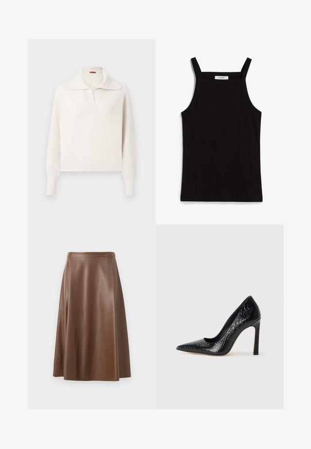 Cremefarbenes gestricktes Sweatshirt mit breitem Kragen, halber Knopfleiste und gerippten cuffs. Der Stoff hat ein strukturiertes, weiches Aussehen.; Schwarzes Tanktop mit dünnen Spaghetti-Trägern, aus geripptem Stoff, mit geradem Schnitt und einem Etikett am Hals, auf dem "IVY OAK" steht.; Brauer A-Linie Rock aus Leder mit glatter Textur und mittellangem Saum. Verfügt über einen taillierten Bund und eine leichte Ausweitung ab den Hüften.; Schwarzer, spitz zulaufender High Heel mit Krokodilleder-Struktur, elegantem Design, hohem Stiletto-Absatz und glattem schwarzen Innenraum.