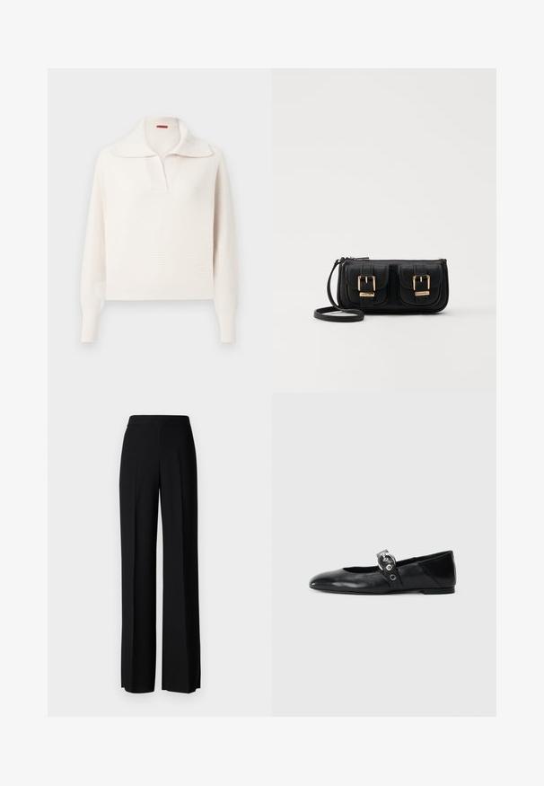 Kremo spalvos megztinis su plačiu apykakle, pusiau užtrauktuku ir raukšlėtomis rankovėmis. Audinys turi tekstūruotą, minkštą išvaizdą.; Juodi platūs kelnių kelnės su lygiu paviršiumi, turinčios aukštą liemenį ir centrinės raukšlės. Nėra matomų raštų ar metalinių detalių.; Juodų odinių baletinių batelių su smailiu nosiu, su užrišamu dirželiu su apvalia metaline sagtimi ir plokščiu padu.; Juodas odinis per petį nešiojamas krepšys su dviem priekiniais kišenėmis, auksiniais sagtimis, užtrauktuko uždarymu ir siauromis petnešomis. Textūruota paviršius ir kompaktiškas stačiakampis formatas.