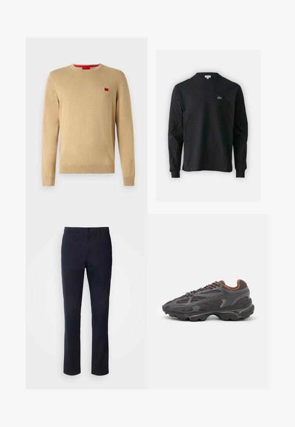 Maglione beige con scollo rotondo, maniche lunghe e polsini a costine. Presenta un piccolo logo rosso sul petto. Tessuto morbido e lavorato a maglia.; T-shirt a maniche lunghe nera in cotone, con scollatura rotonda e un piccolo logo di coccodrillo ricamato in verde sul lato sinistro del petto.; Pantaloni blu navy realizzati in tessuto liscio, con un design a gamba dritta, passanti per cintura e chiusura con bottone e zip.; Sneaker Lacoste grigie scure in materiale mesh e sintetico, con suola testurizzata e dettagli marroni sul colletto e sul branding.