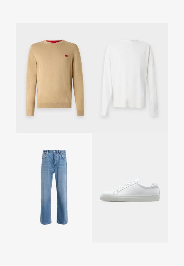 Beige džemperis ar apaļu kakla izgriezumu, garām piedurknēm un ribotiem aproces galiem. Uz krūtīm ir mazs sarkans logo. Mīksta, adīta tekstūra.; Garums piedurkņu baltā kokvilnas krekls ar apaļu dekoltē, sānu šķēlumiem apakšā un gludu tekstūru, redzams no aizmugures.; Gai zilas džinsu bikses ar taisnām kājām, piecām kabatām, pogu aizvēršanu, minimālu izbalēšanu un kontrastējošiem šuvju elementiem.; Baltie sporta apavi ar gludu ādas virsu un zemu profilu. Iezīmējas ar noapaļotu purngalu, sešām acīm un teksturētu gumijas zoli.