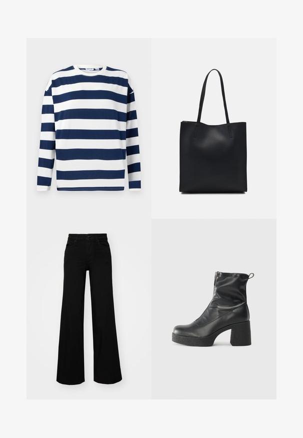 Pitkähihaisen t-paidan tummansininen ja valkoinen raitakuosi. Valmistettu puuvillasta, jossa pyöreä kaula-aukko ja suora helma. Sujuva pinta, rento muotoilu.; Musta leveälahkeinen farkkupanta, jossa on rakenteellinen vyötärö, vyölenkit ja etutaskut. Sujuva rakenne klassisella muotoilulla.; Mustat nilkkurit, jotka on valmistettu sileästä nahasta. Niissä on sivuvetoketju, paksu teksturoitu korko ja pyöristetty kärki.; Mustapahkainen kangaskassi, jossa on sileä pinta, suorakaiteen muotoinen ja kaksi pitkää kahvaa. Ei näkyvää metalliosaa tai koristeita.