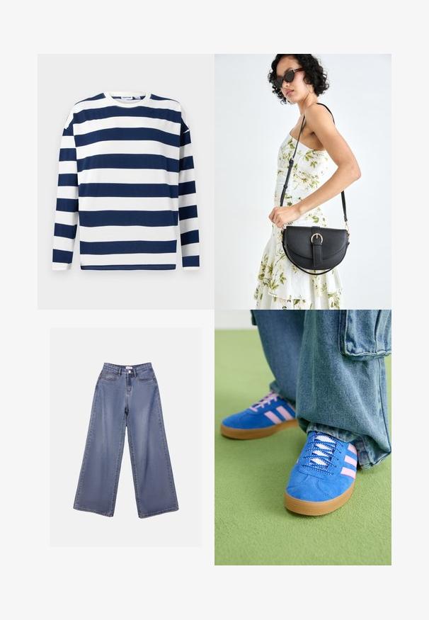 Langermet t-skjorte i marineblå og hvite striper. Laget av bomull, med rund hals og rett kant. Glatt tekstur, avslappet design.; Bredde ben jeans i lys blå vask, med høy livhøyde, frontlommer og knappelukking med beltehemper.; Blå skinnsko med rosa striper og hvite lisser, med såle av gummigummi, kombinert med løse denimbukser på et grønt underlag.; Svart lærveske med en buet form, avtagbar stropp og gullbeslag. Vesken har et klaff med spenne-detall.