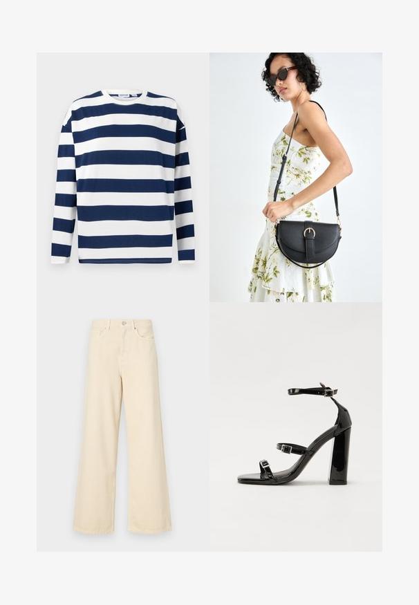 Long-sleeve t-shirt in navy and white stripes. Made of cotton, featuring a crew neckline and straight hem. Smooth texture, casual design.; Beige wide-leg jeans made of cotton. Features a button closure, belt loops, and front pockets with a smooth, soft texture.; Black patent heeled sandals with a square toe, ankle straps, and silver buckles. Features a chunky block heel for stability.; Black leather handbag with a curved shape, detachable strap, and gold hardware. The bag features a flap with a buckle detail.