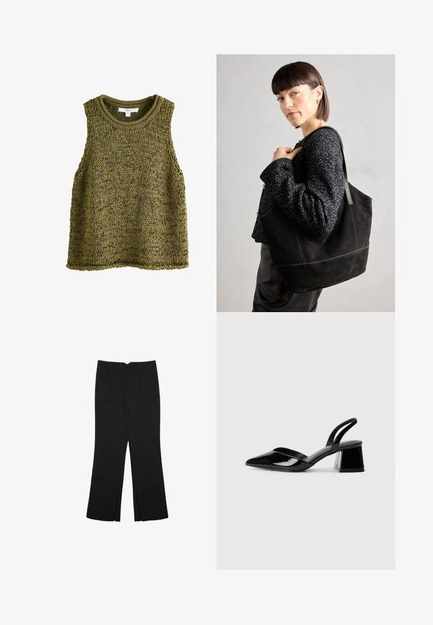 Olivno zeleno pleteno brezrokavno bluzo s krožnim izrezom, ki se ponaša z teksturiranim vzorcem in sproščenim krojem. Robovi so lepo zaključeni.; Črne hlače ravnega kroja z naglavnimi žepi in stranskimi razporki na robu. Narejene iz mehke, gladke tkanine. Primerne za različne priložnosti.; Črne lakirane slingback pete s koničastim nosom in geometrijsko blokasto peto. Imajo eleganten, minimalističen dizajn in gladko teksturo.; Črna semiš torbica z gladko teksturo, strukturirano obliko in kontrastnim šivanjem. Ima dolge naramnice za nošenje na rami.