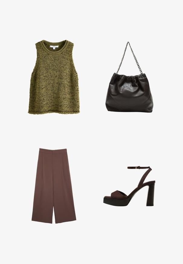 Oliven grøn strikket ærmeløs top med rund halsudskæring, prydet med et struktureret mønster og afslappet pasform. Kanterne er pænt færdigbehandlede.; Brune bredbunde bukser med en glat tekstur, der har høj talje og plisseringer foran. Stoffet er let og falder løst.; Brune ruskinds højhælede sandal med åben tå, justerbar ankelrem og en stribet plade sål.; Brun lædertaske med en rynket top og en kædestrop. Glat tekstur med en blank finish og subtile sømdetaljer på siderne.