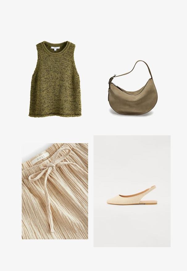 Top senza maniche di colore verde oliva, lavorato a maglia, con scollatura rotonda, caratterizzato da un motivo testurizzato e una vestibilità rilassata. I bordi sono rifiniti con cura.; Pantaloni corti beige testurizzati con una vita arricciata e un dettaglio di legatura frontale, realizzati in tessuto leggero con sottili linee verticali.; Ballerine beige con cinturino, dalla punta appuntita, realizzate in tessuto testurizzato, dotate di una suola bassa e flessibile e un design con tallone aperto.; Borsa hobo in suede marrone con forma curva, tracolla singola, chiusura con zip e superficie liscia. Design semplice con dettagli hardware minimi.