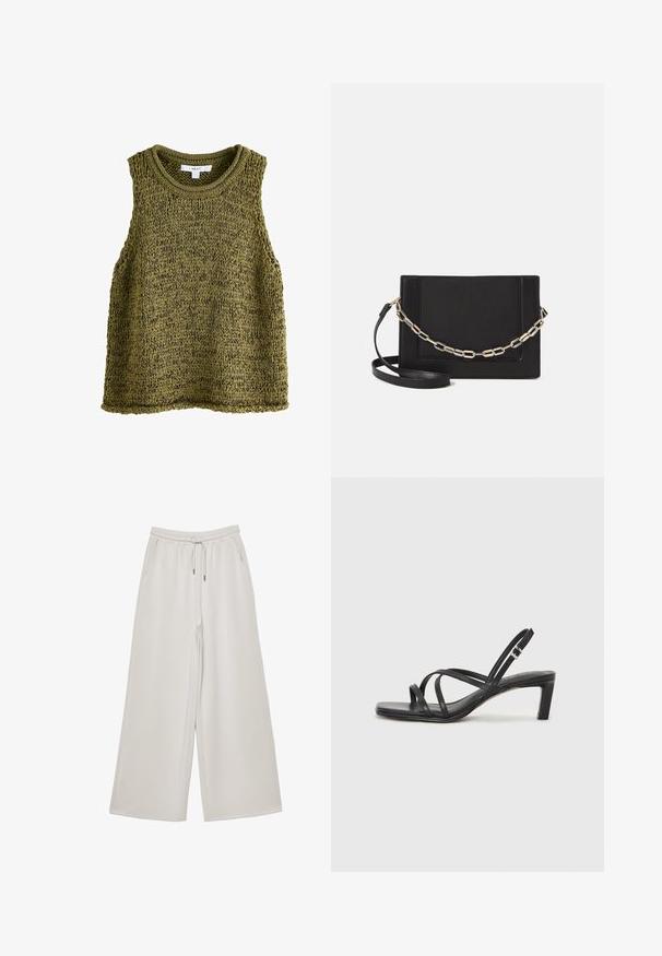 Olivgrünes, gestricktes, ärmelloses Oberteil mit Rundhalsausschnitt, ausgestattet mit einem strukturierten Muster und entspannter Passform. Die Kanten sind sorgfältig verarbeitet.; Helle graue weit geschnittene Hose aus weichem Stoff mit elastischem Bund, verstellbarem Kordelzug und seitlichen Taschen. Weiche Textur über das gesamte Material.; Schwarze Sandale mit Riemchen, quadratischer Zehenform und niedrigem Blockabsatz. Verfügt über mehrere dünne Riemen und einen verstellbaren Knöchelriemen. Hergestellt aus glattem Leder.; Schwarze Leder-Crossbody-Tasche mit glatter Textur, rechteckiger Form und metallic-kettendetail auf der Vorderseite. Verstellbarer Gurt inklusive.