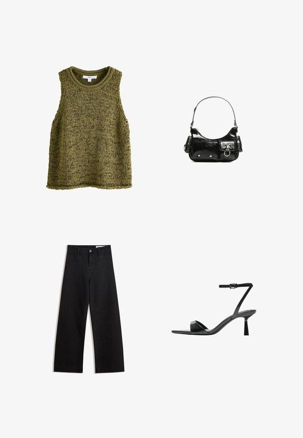 Olivgrön stickad ärmlös topp med rund halsringning, med ett texturerat mönster och avslappnad passform. Kanterna är fint avslutade.; Svarta vida denimbyxor med hög midja, med fram- och bakfickor, sydda sömmar och knappstängning. Slät textur.; Bershka Sandaletter - black; Svart lackläderhandväska med en rundad form, en axelrem, framfickor och detaljer i silverfärg.