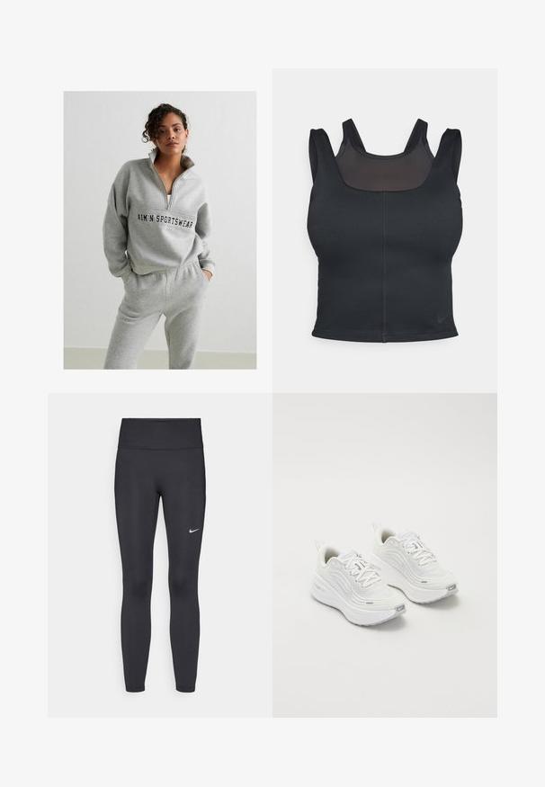 Grijze pullover sweatshirt met een ritskraag, voorzien van een logo in het midden. Gecombineerd met bijpassende grijze sweatpants met een elastische tailleband.; Zwarte sportbh met een verstelbaar ontwerp, brede schouderbanden en een gaasoverlay aan de voorkant. Gladde textuur en minimale naden. Nike-logo aan de onderkant.; Zwarte legging van rekbare stof met een hoge tailleband en een wit Nike-logo op de linkerdij. Gladde textuur, aansluitend ontwerp.; Witte sportieve schoenen met een gestructureerde mesh bovenkant, een comfortabele zool en subtiele grijze accenten. Inclusief branding en een lus aan de hiel voor eenvoudig aan- en uittrekken.