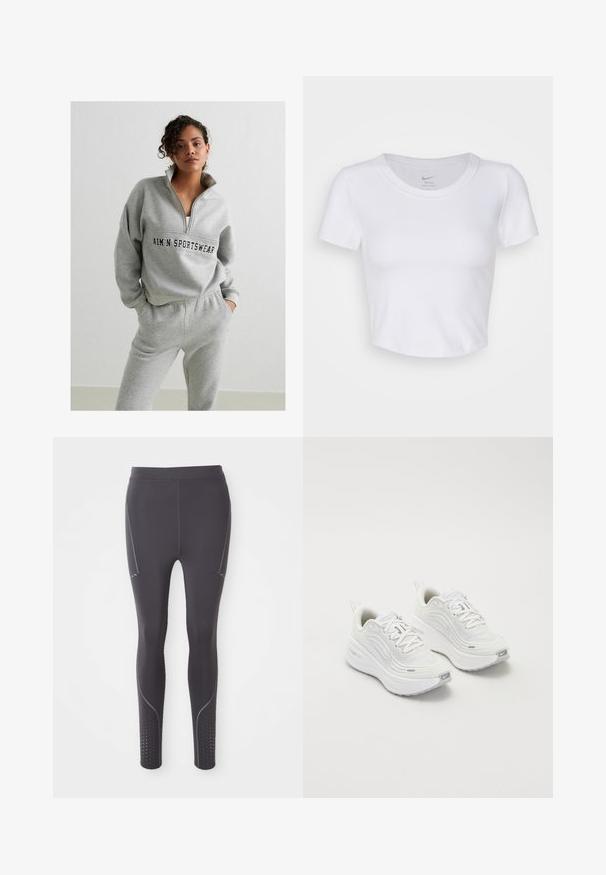 Pulover gri cu guler cu fermoar, având un logo pe mijloc. Asortat cu pantaloni de trening gri, cu talie elastică.; Top scurt alb, cu mâneci scurte, realizat dintr-un material sintetic neted. Are un decolteu rotund și logo-ul Nike pe interiorul gulerului.; Colanți sport negri, dintr-un material elastic, cu accente gri subtile, panouri laterale și modele perforate la glezne.; Pantofi sport albi cu un superior din plasă texturată, talpă amortizată și accente subtile de gri. Include branding și un buclă la călcâi pentru a fi ușor de încălțat.