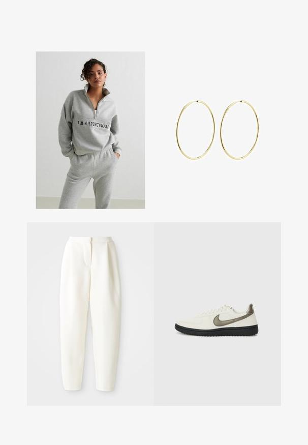 Pilkas megztinis su užtrauktuku, turintis vidurinę logotipą. Suderintas su pilkais treningo kelnais su elastine juosta.; Baltos aukšto liemens siaurėjantys keliai su paslėptu priekinio uždarymo mechanizmu ir šoninėmis kišenėmis, pristatyti prieš paprastą baltą foną.; Nike Sportswear FIELD GENERAL - Sportbačiai - off-white/black; Aukso žiediniai auskarai su lygiu, suapvalintu dizainu. Ploni ir lengvi, su nuolatiniu kilpeliu be jokio papuošimo.