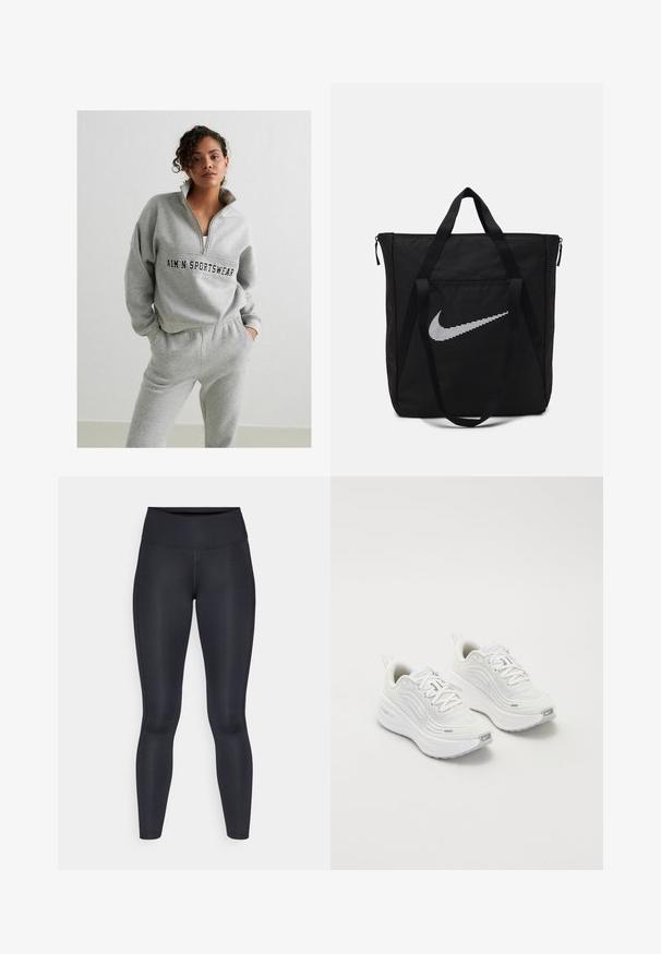 Harmaa huppari, jossa on vetoketju kaulassa ja keskilinjalla logo. Yhdistetty samaan sävyyn harmaiden verkkareiden kanssa, joissa on elastinen vyötärö.; Mustat legginsit, jotka on valmistettu sileästä ja joustavasta kankaasta. Korkea vyötärö ilman näkyviä kuvioita tai tehosteita. Istuu tiiviisti vyötäröstä nilkkoihin.; Valkoiset urheilukengät, joissa on teksturoitu verkkoma upper, pehmustettu pohja ja hillityt harmaat yksityiskohdat. Mukana brändäys ja silmukkamuotoinen kantapäänvetotappi helppoa pukeutumista varten.; Musta nailoninen kassi, jossa on kaksi tukevua kahvaa ja vetoketjukiinnitys. Erityinen valkoinen Nike-swoosh-logo on esillä vaakasuunnassa raidallisessa muotoilussa.